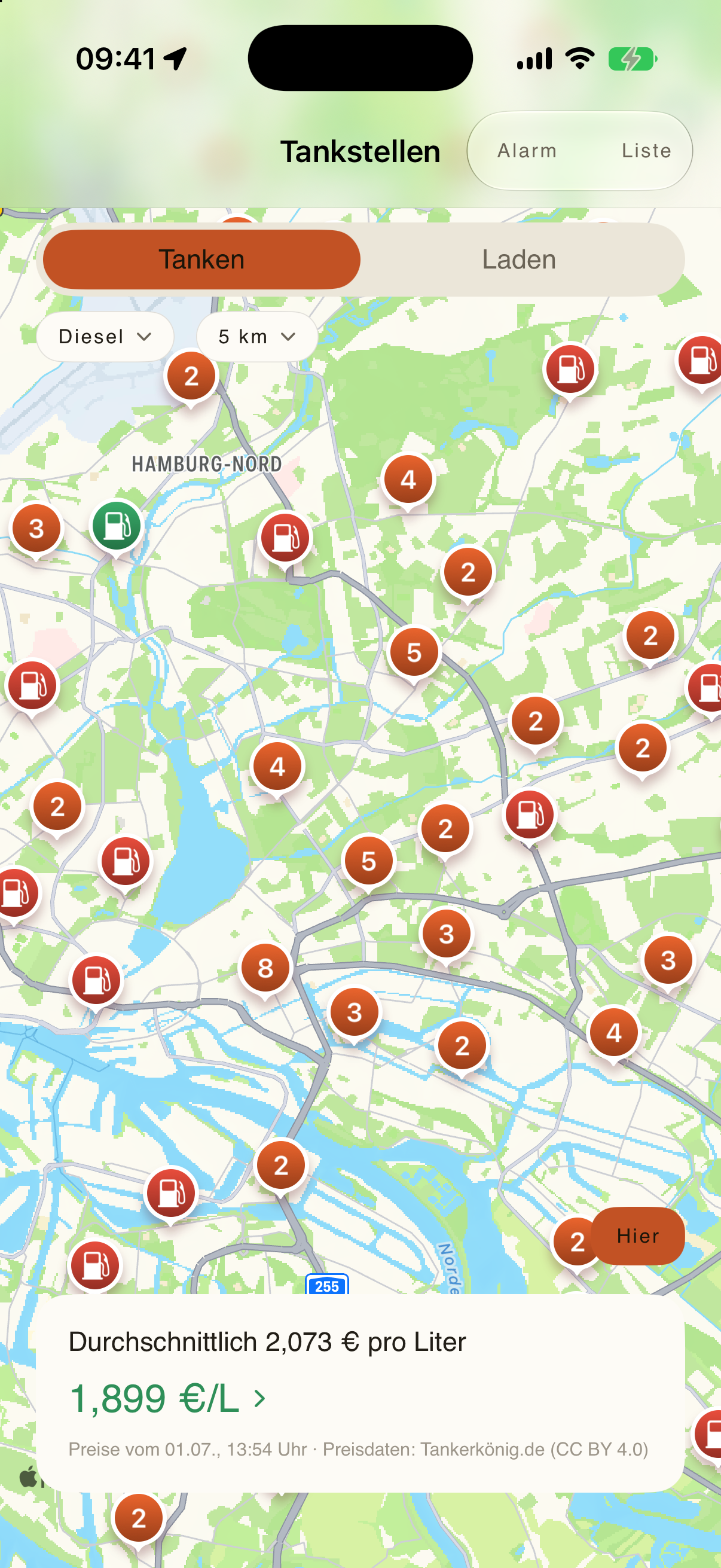 Tankstellen-Karte mit Live-Preisen rund um Hamburg.