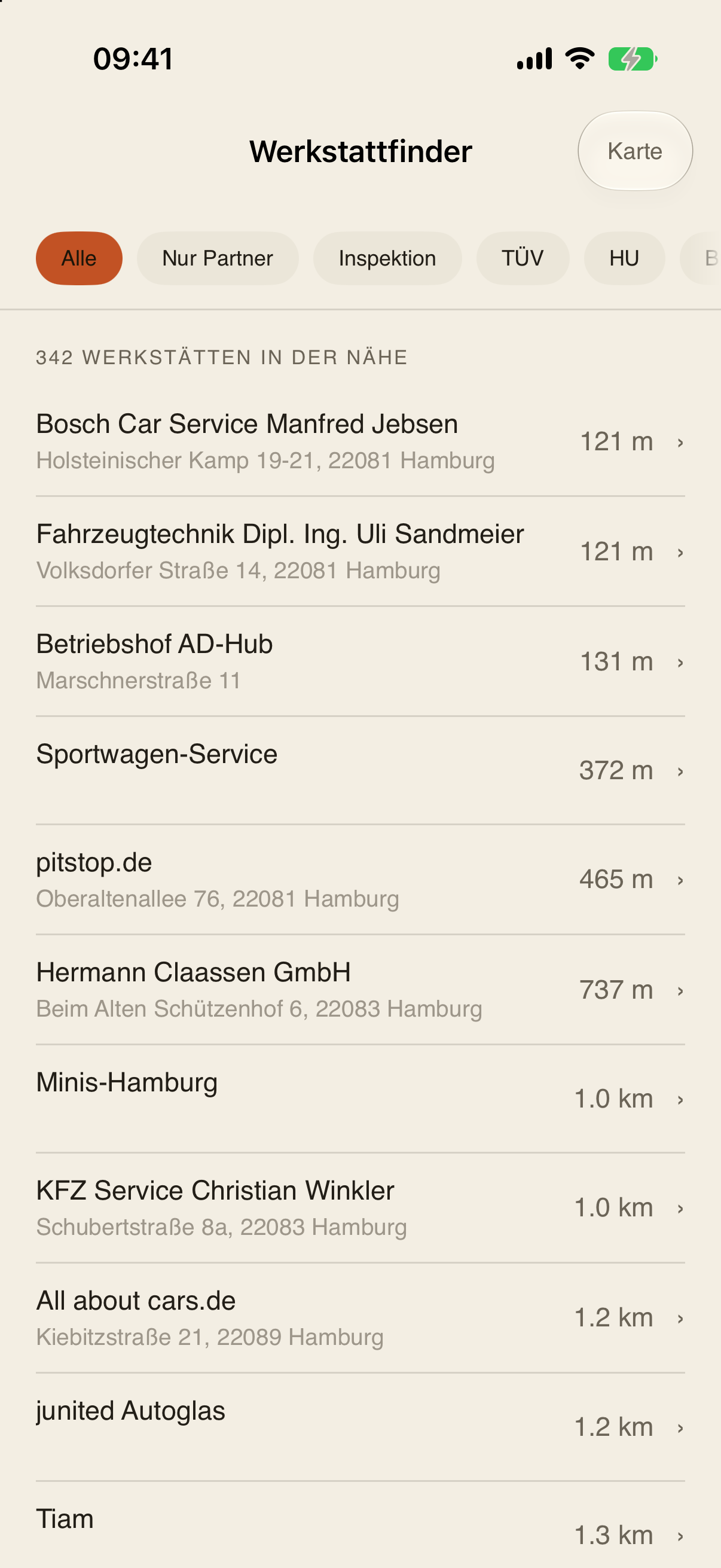 Werkstattfinder mit Werkstätten in der Nähe und Entfernungen.